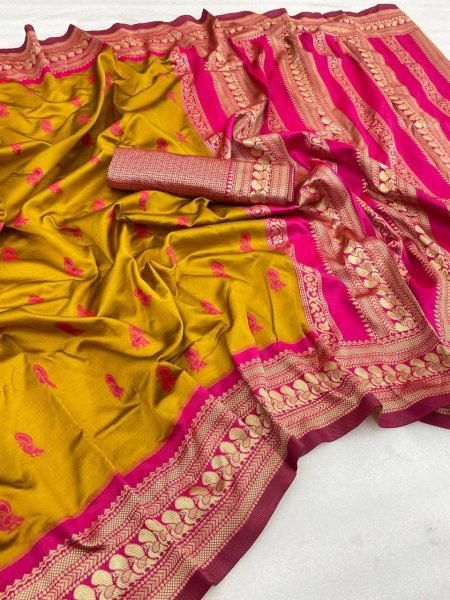  STUNNING YELLOW & PINK COLOUR PURE SEMI SILK SAREE Banarasi Saree Wholesale