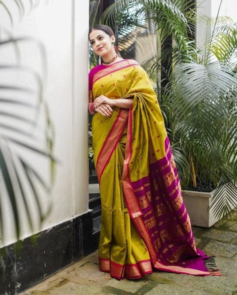  STUNNING YELLOW & PINK COLOUR PURE SEMI SILK SAREE Banarasi Saree Wholesale