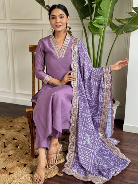 Buy lavender Kurta Set in Viscose Chanderi  For Women  3 Piece Kurti Set