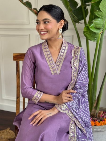Buy lavender Kurta Set in Viscose Chanderi  For Women  3 Piece Kurti Set