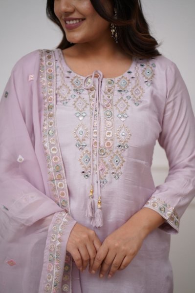 Stylish 3-Piece Onion Color Viscose Chanderi Kurti Set for Festive Occasions at Wholesale Rates 3 Piece Kurti Set