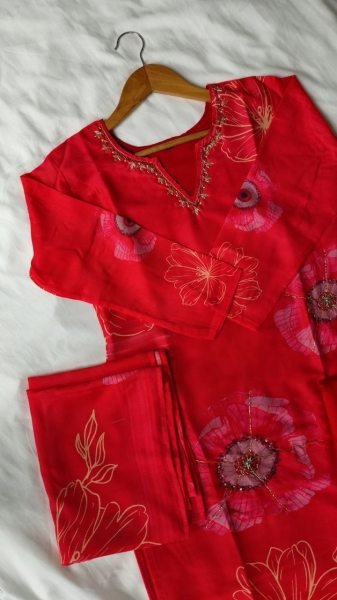 Stylish 3 Piece red color Floral Printed and Heavy Hand Work  3 Piece Kurti Set