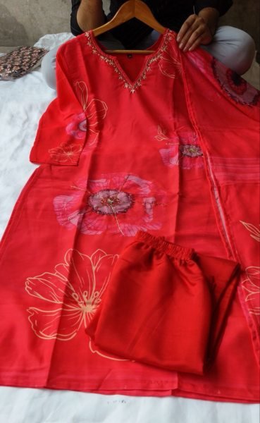 Stylish 3 Piece red color Floral Printed and Heavy Hand Work  3 Piece Kurti Set