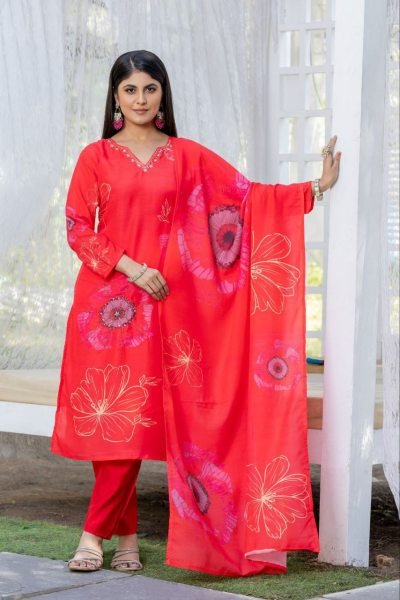 Stylish 3 Piece red color Floral Printed and Heavy Hand Work  3 Piece Kurti Set