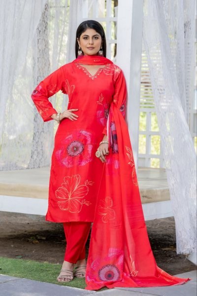 Stylish 3 Piece red color Floral Printed and Heavy Hand Work  3 Piece Kurti Set