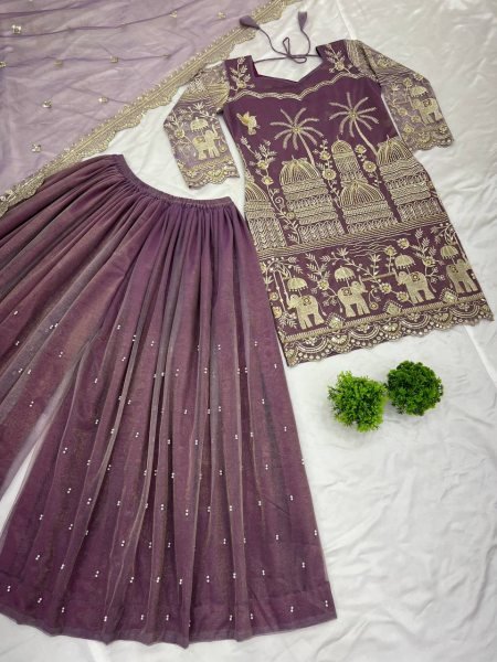Stylish Anarkali Kurti Sharara Set Super Net Embroidery with Micro Cotton Inner Ready To Wear Collection
