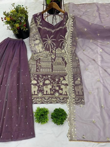 Stylish Anarkali Kurti Sharara Set Super Net Embroidery with Micro Cotton Inner Ready To Wear Collection