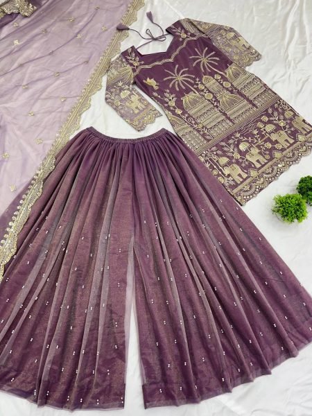 Stylish Anarkali Kurti Sharara Set Super Net Embroidery with Micro Cotton Inner Ready To Wear Collection