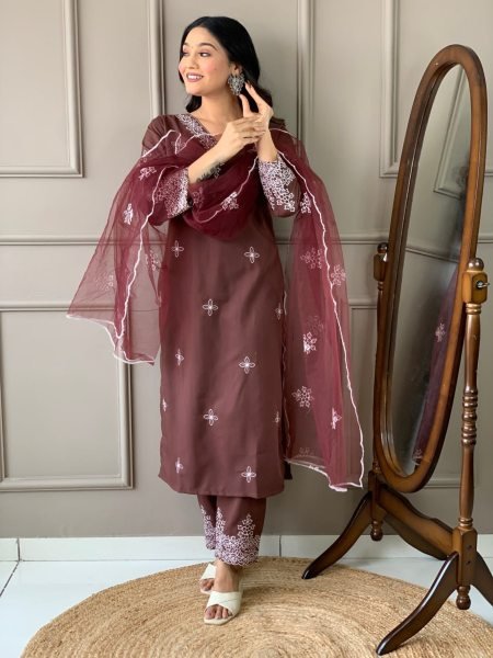 stylish and premium Brown Color Kurta Suit Set Collection  3 Piece Kurti Set