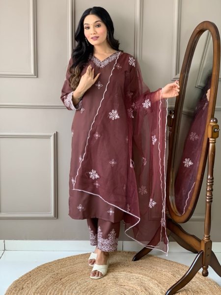 stylish and premium Brown Color Kurta Suit Set Collection  3 Piece Kurti Set