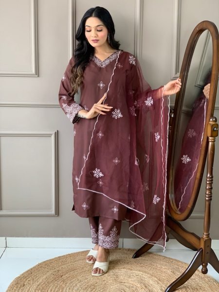 stylish and premium Brown Color Kurta Suit Set Collection  3 Piece Kurti Set