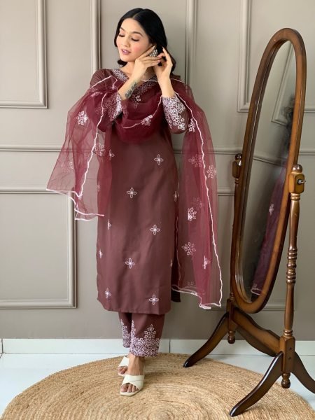 stylish and premium Brown Color Kurta Suit Set Collection  3 Piece Kurti Set
