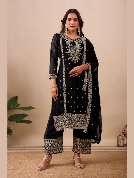 Stylish Black Embroidered Georgette Suit Set with Dupatta for a Festive Look 