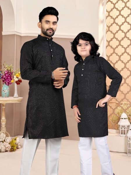 Stylish Black Sequence Kurta Pajama Set Father Son Matching Outfits for Diwali 2025 Mens Wear
