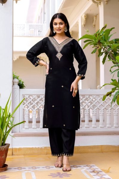 Stylish Black Viscose Chanderi Embroidered Top with Dyable Bottom  And Printed Organza Dupatta for Festive Wear  Straight Cut Long Kurtis