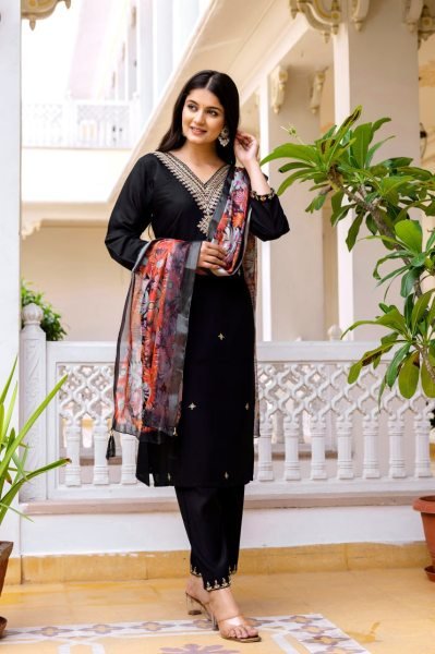 Stylish Black Viscose Chanderi Embroidered Top with Dyable Bottom  And Printed Organza Dupatta for Festive Wear  Straight Cut Long Kurtis