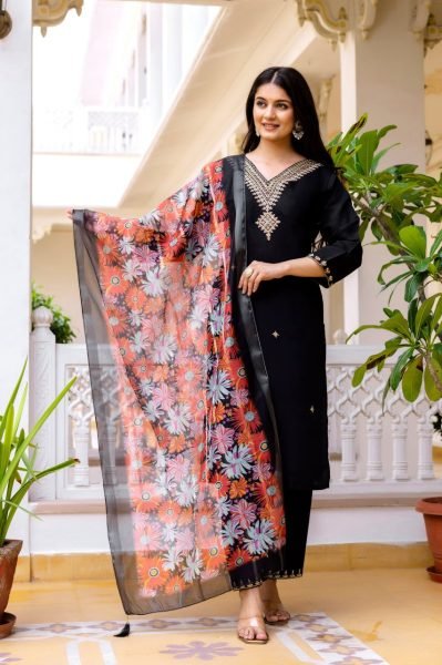 Stylish Black Viscose Chanderi Embroidered Top with Dyable Bottom  And Printed Organza Dupatta for Festive Wear  Straight Cut Long Kurtis
