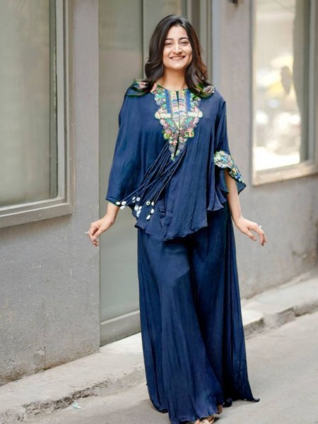 Stylish Blue Chinon Indo Western Set with Embroidery and Latkan Ready To Wear Suit