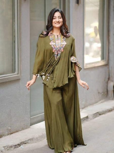 Mehendi Green Indo Western Dress with Sequin Work 3 Piece Set Ready To Wear Suit