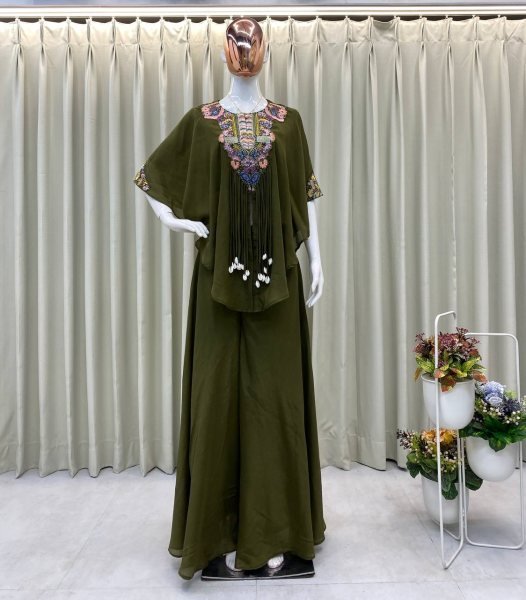 Mehendi Green Indo Western Dress with Sequin Work 3 Piece Set Ready To Wear Collection