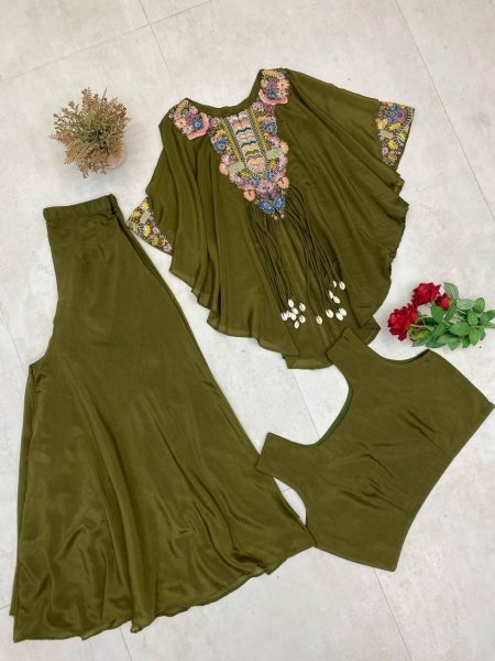Mehendi Green Indo Western Dress with Sequin Work 3 Piece Set Ready To Wear Collection