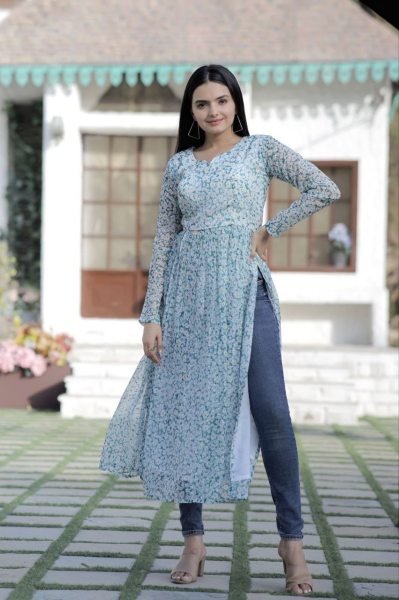 Stylish Butti With Floral Digital Printed Kurti Printed Kurtis