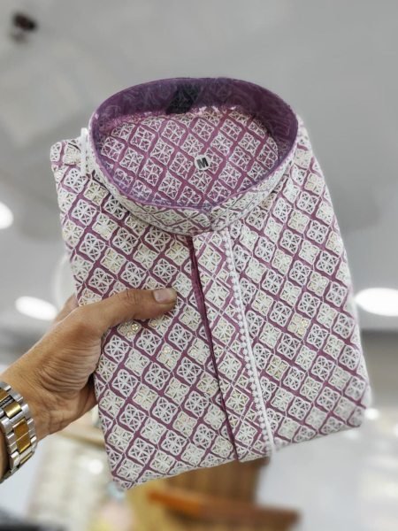 Stylish Designer Rayon Kurta Pajama Set With Heavy Embroidery For Functions Mens Wear