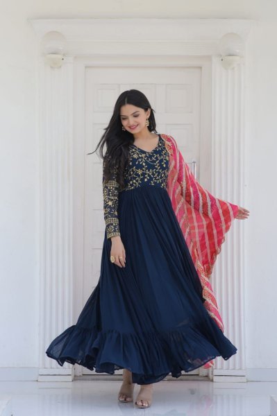 Stylish Faux Blooming With Zari Embroidered Work Gown With Dupatta Kurti With Dupatta Wholesale
