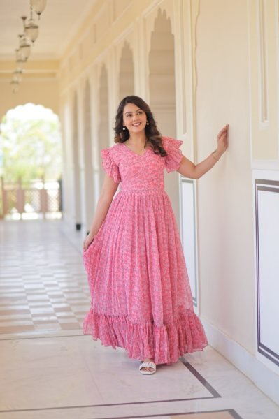 Stylish Faux Georgette Printed Gown with Flair   Bell Sleeves Party Wear Dress for Women at Bulk Stock for Resellers Georgette Kurti 