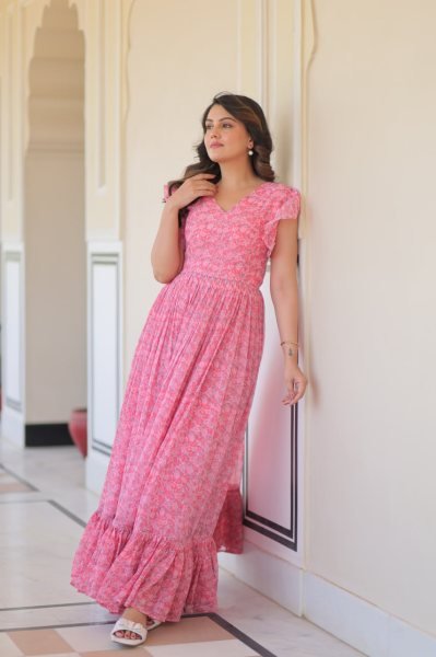 Stylish Faux Georgette Printed Gown with Flair   Bell Sleeves Party Wear Dress for Women at Bulk Stock for Resellers Georgette Kurti 