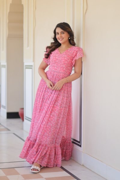 Stylish Faux Georgette Printed Gown with Flair   Bell Sleeves Party Wear Dress for Women at Bulk Stock for Resellers Georgette Kurti 