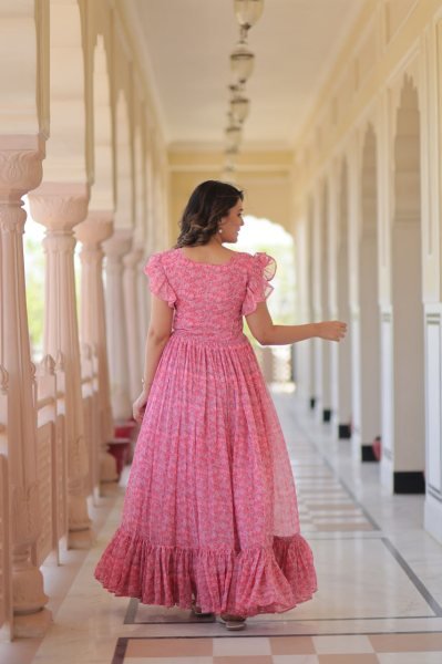 Stylish Faux Georgette Printed Gown with Flair   Bell Sleeves Party Wear Dress for Women at Bulk Stock for Resellers Georgette Kurti 