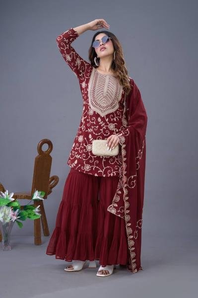 Stylish Festival Wear Embroidery Work Readymade Sharara Suit Ready To Wear Collection