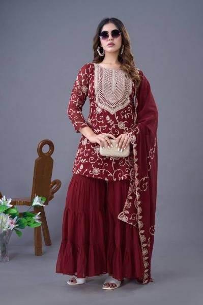 Stylish Festival Wear Embroidery Work Readymade Sharara Suit Ready To Wear Collection