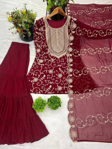 Stylish Festival Wear Embroidery Work Readymade Sharara Suit Ready To Wear Collection