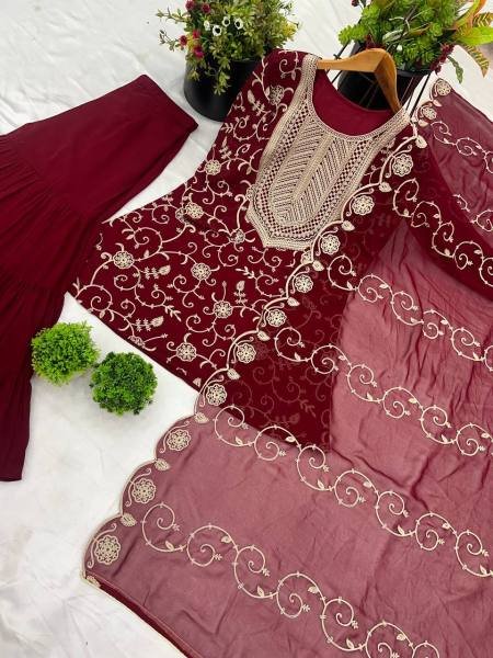 Stylish Festival Wear Embroidery Work Readymade Sharara Suit Ready To Wear Collection