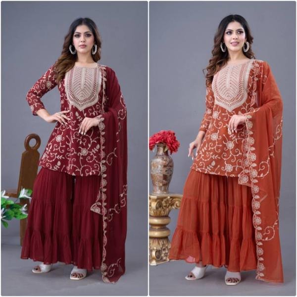 Stylish Festival Wear Embroidery Work Readymade Sharara Suit Ready To Wear Collection