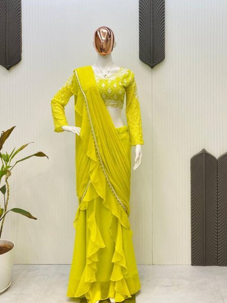Stylish Georgette Ruffle Saree with Sequin Work Easy Draping Look Sarees 