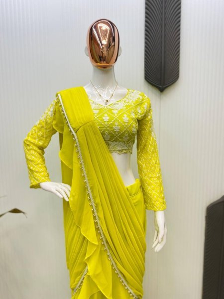 Stylish Georgette Ruffle Saree with Sequin Work Easy Draping Look Ready To Wear Saree 