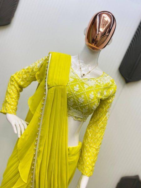 Stylish Georgette Ruffle Saree with Sequin Work Easy Draping Look Ready To Wear Saree 