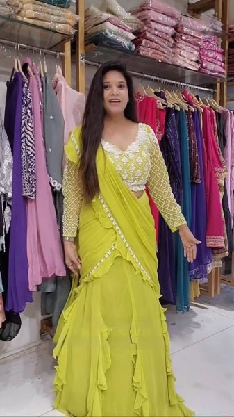 Stylish Georgette Ruffle Saree with Sequin Work Easy Draping Look Ready To Wear Saree 