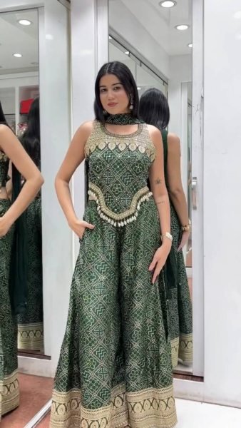Stylish Green Digital Print Faux Georgette Top   Palazzo Set with Sequence Embroidery   Kodi Lace Border for Party Wear Ready To Wear Collection