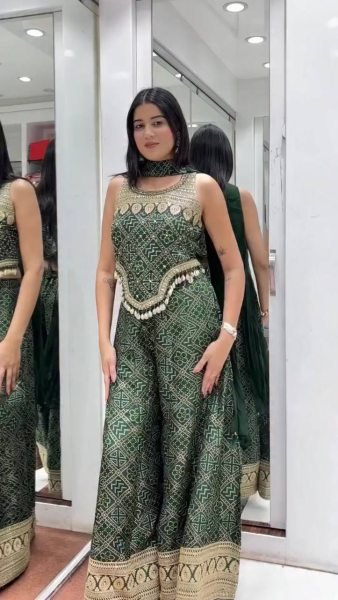 Stylish Green Digital Print Faux Georgette Top   Palazzo Set with Sequence Embroidery   Kodi Lace Border for Party Wear Ready To Wear Collection