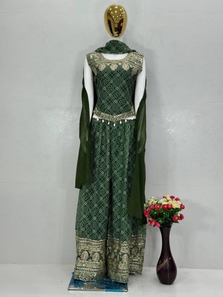 Stylish Green Digital Print Faux Georgette Top   Palazzo Set with Sequence Embroidery   Kodi Lace Border for Party Wear Ready To Wear Collection