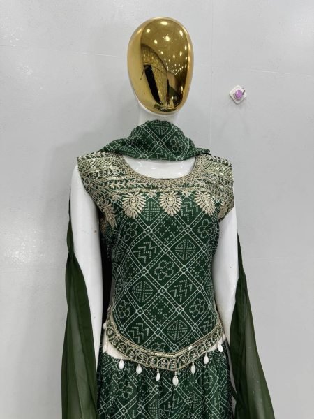 Stylish Green Digital Print Faux Georgette Top   Palazzo Set with Sequence Embroidery   Kodi Lace Border for Party Wear Ready To Wear Collection