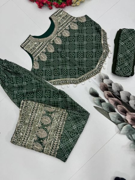 Stylish Green Digital Print Faux Georgette Top   Palazzo Set with Sequence Embroidery   Kodi Lace Border for Party Wear Ready To Wear Collection