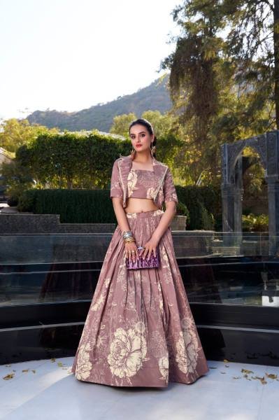 Stylish Indo Western Tussar Silk Lehenga Set with Stitched Blouse and Koti Designer Lehenga Choli