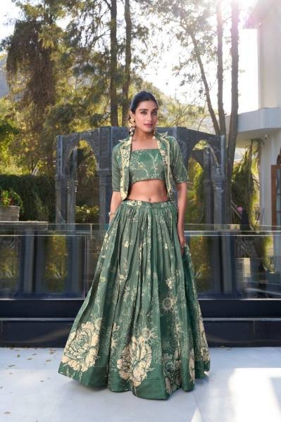 Stylish Indo Western Tussar Silk Lehenga Set with Stitched Blouse and Koti Designer Lehenga Choli