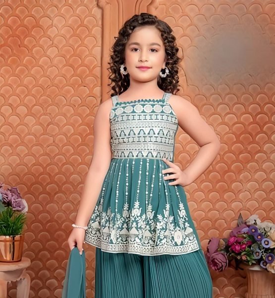 stylish kids ethnic set with embroidered top, plazzo & fancy dupatta festive ready outfit Girls Wear