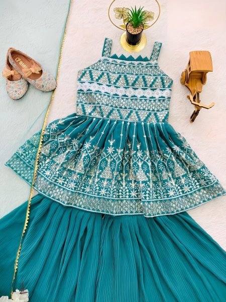 stylish kids ethnic set with embroidered top, plazzo & fancy dupatta festive ready outfit Girls Wear
